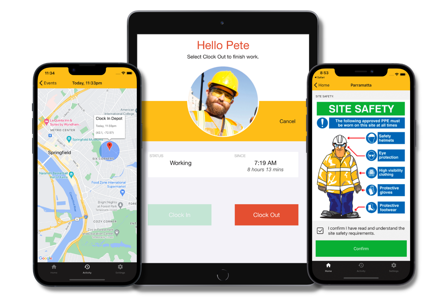 NoahFace smart time clock interface showing facial recognition, GPS tracking, and safety attestations on mobile devices