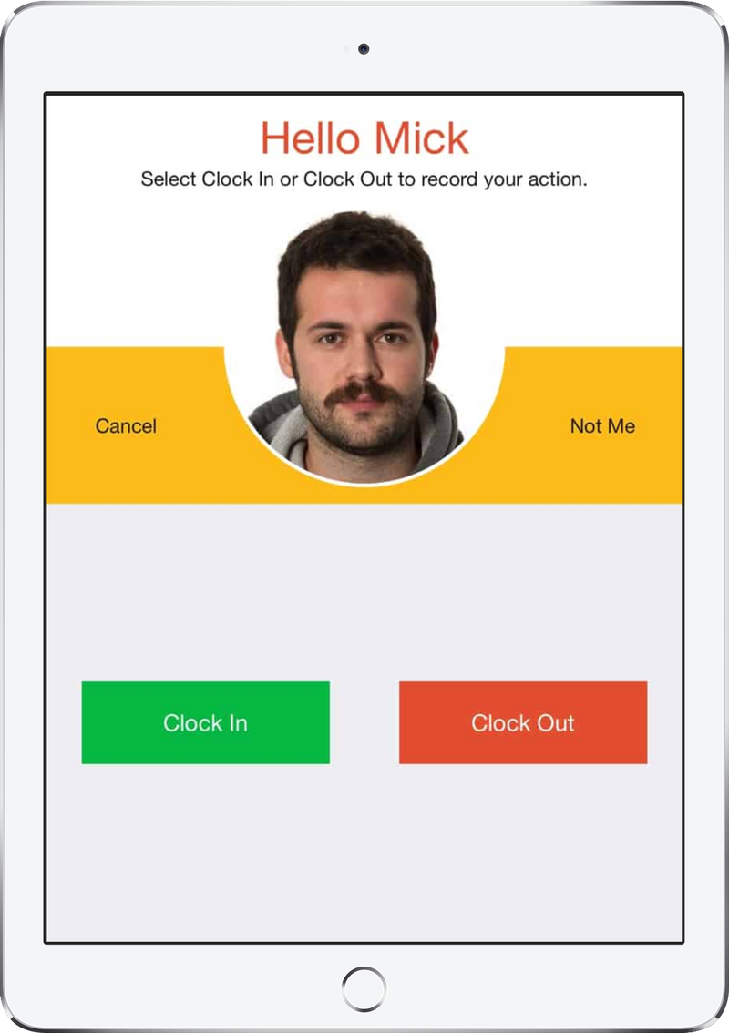 NoahFace facial recognition interface showing employee Mick with Clock In and Clock Out options on iPad